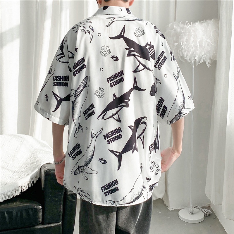 Short Sleeve Shirt With Cartoon Shark Print Korean Style Summer Fashion For Men 2022
