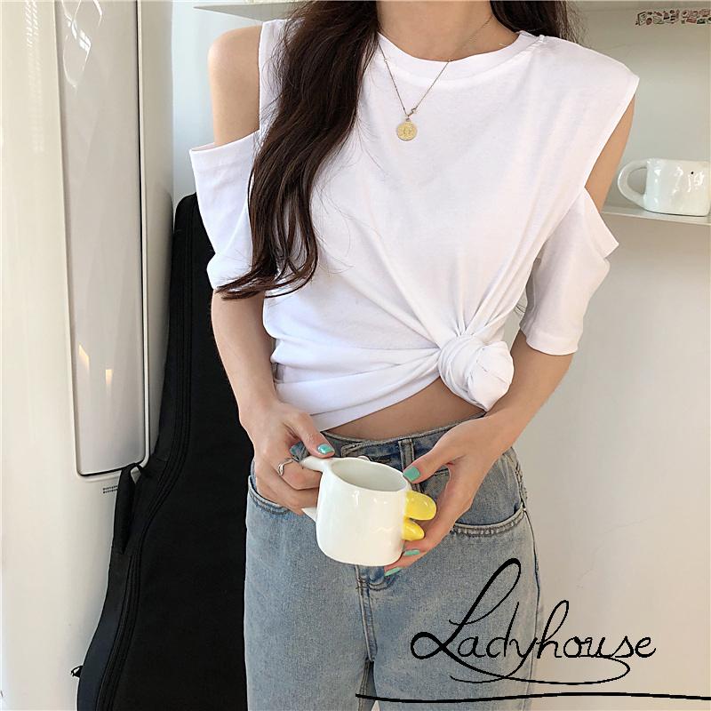 Áo Thun Tay Ngắn Cổ Tròn Hở Vai Màu Trơn Thời Trang Mùa Hè Dành Cho Nữ