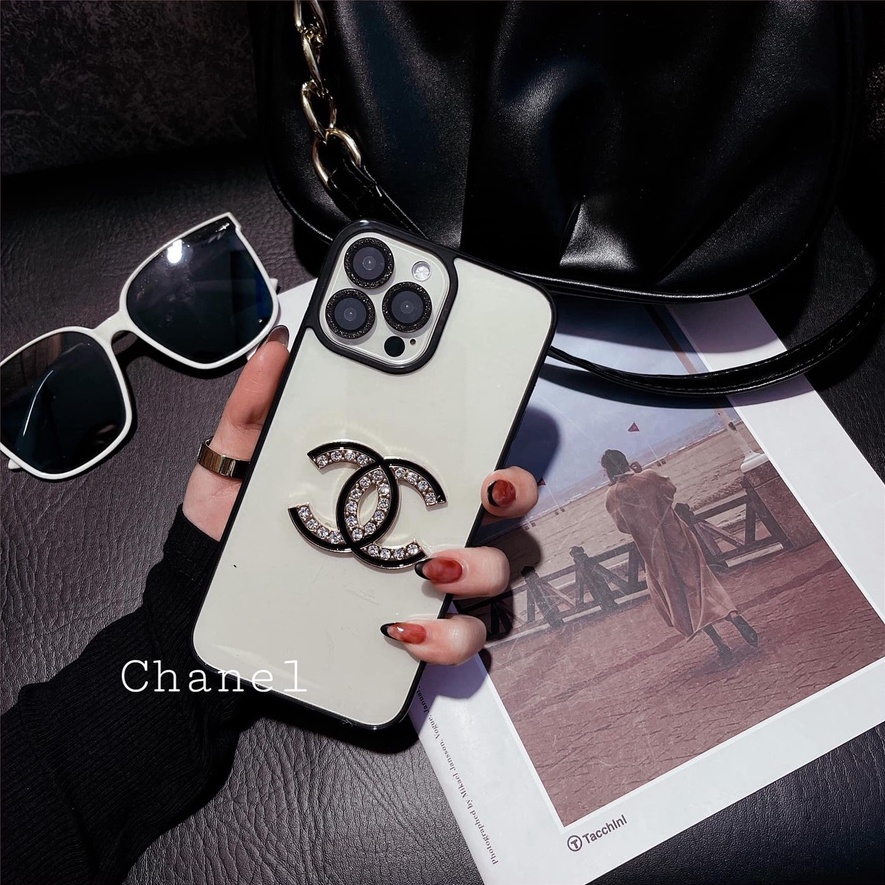 Ốp lưng iPhone, lưng kính logo CL đính đá cực sang chảnh, iPhone X Xs Max 11 12 13 14 Pro Max
