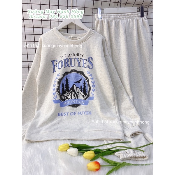 Bộ đồ mùa đông quần nhung tăm SIGNATURS, áo sweater form rộng tay bồng cá tính Ulzzang