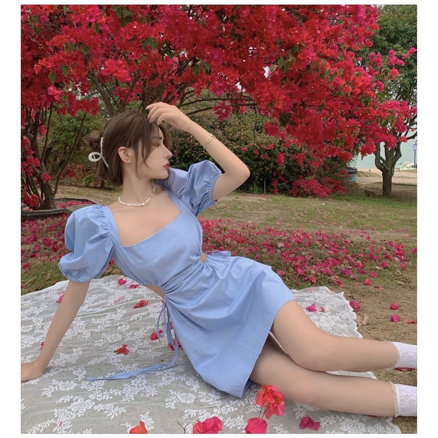 Váy hở lưng buộc dây sexy - Váy đầm nữ tư bồng buộc dây lưng khoét eo sexy tôn dáng freesize chất thô mát 3 màu | BigBuy360 - bigbuy360.vn