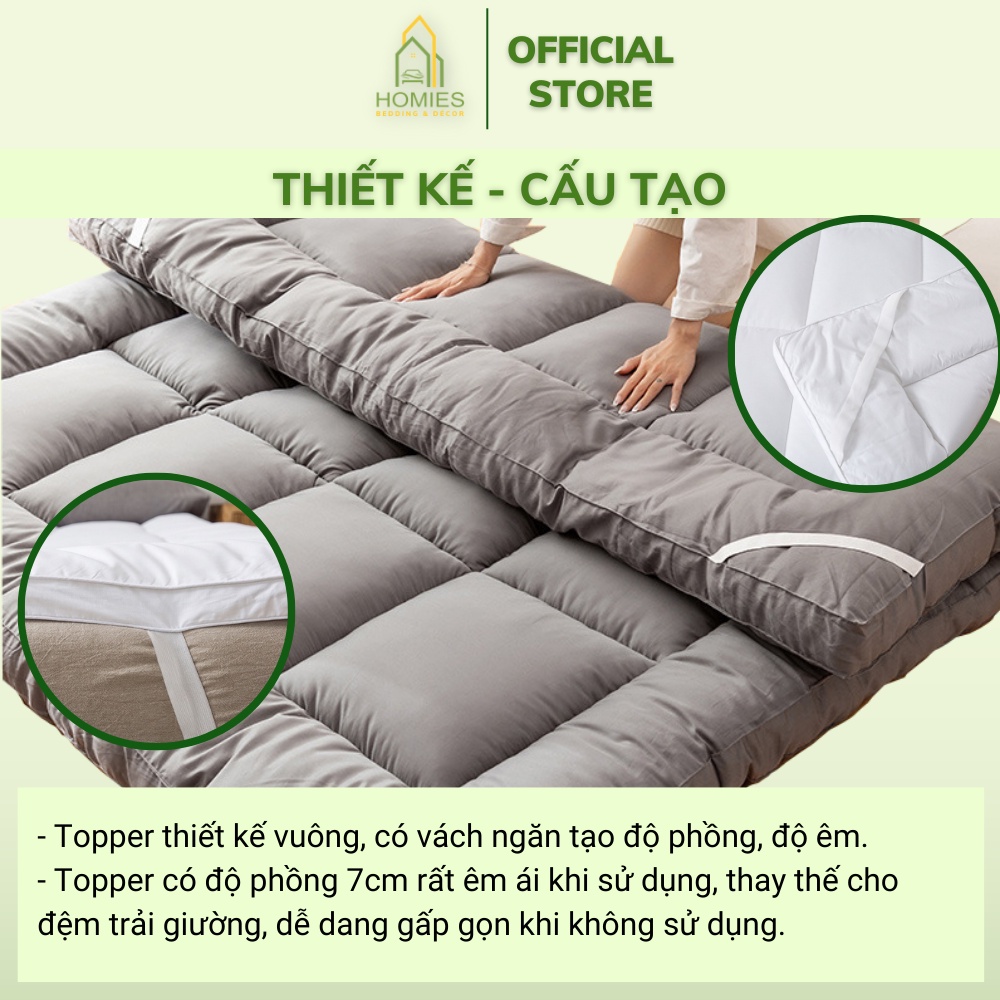 Kèm Túi Đựng - Nệm Topper HOMIES Bedding & Décor Chất Vải Đũi Bông Trắng Nguyên Sinh Nhiều Kích Thước