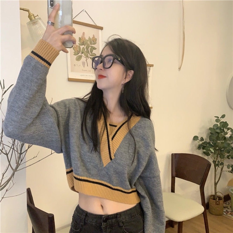 Freeship Áo Len Crotop Cổ V Phối Màu Siêu Xinh