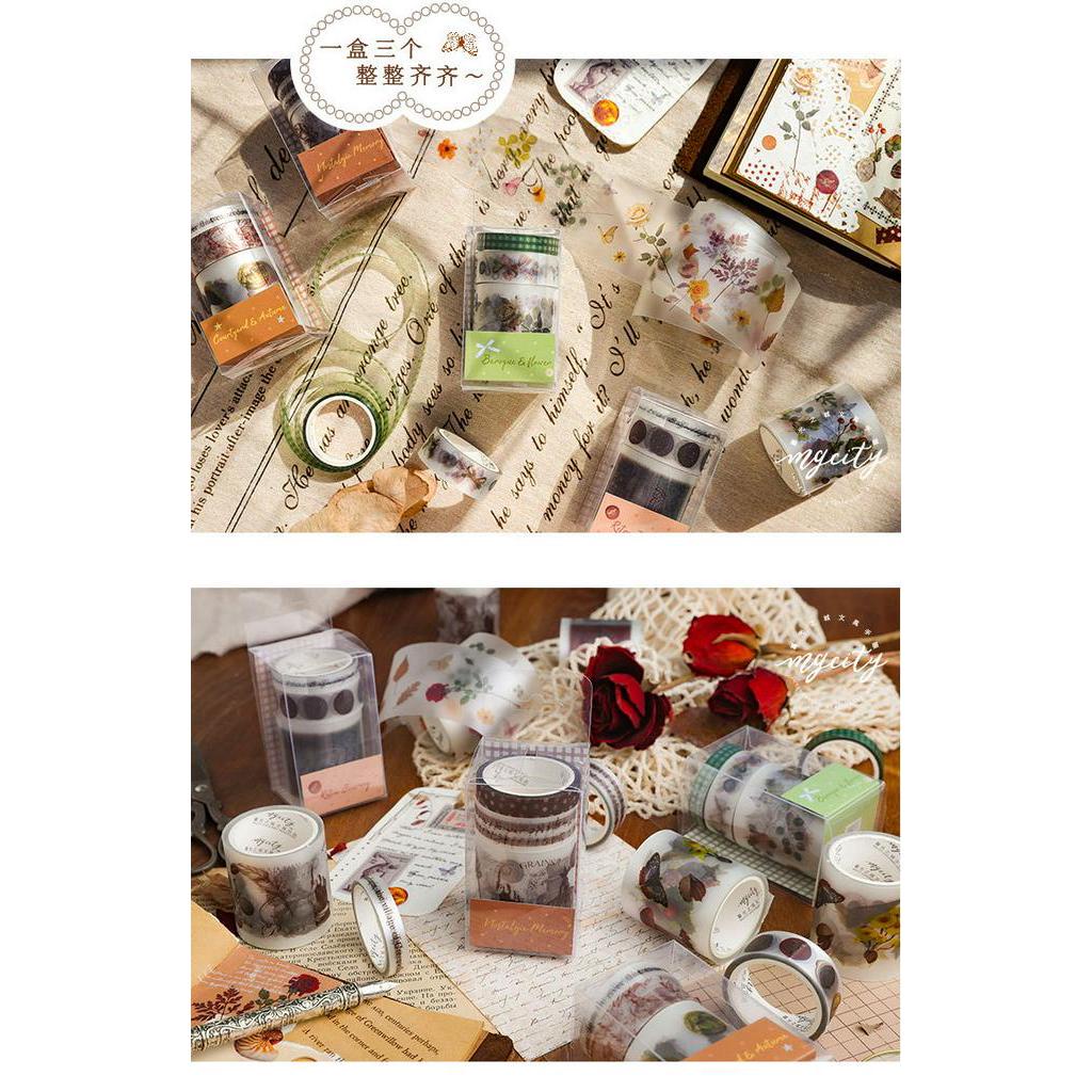 Washi tape vintage set 3 cuộn băng dính họa tiết phong cách cổ điển trang trí sổ bullet journal