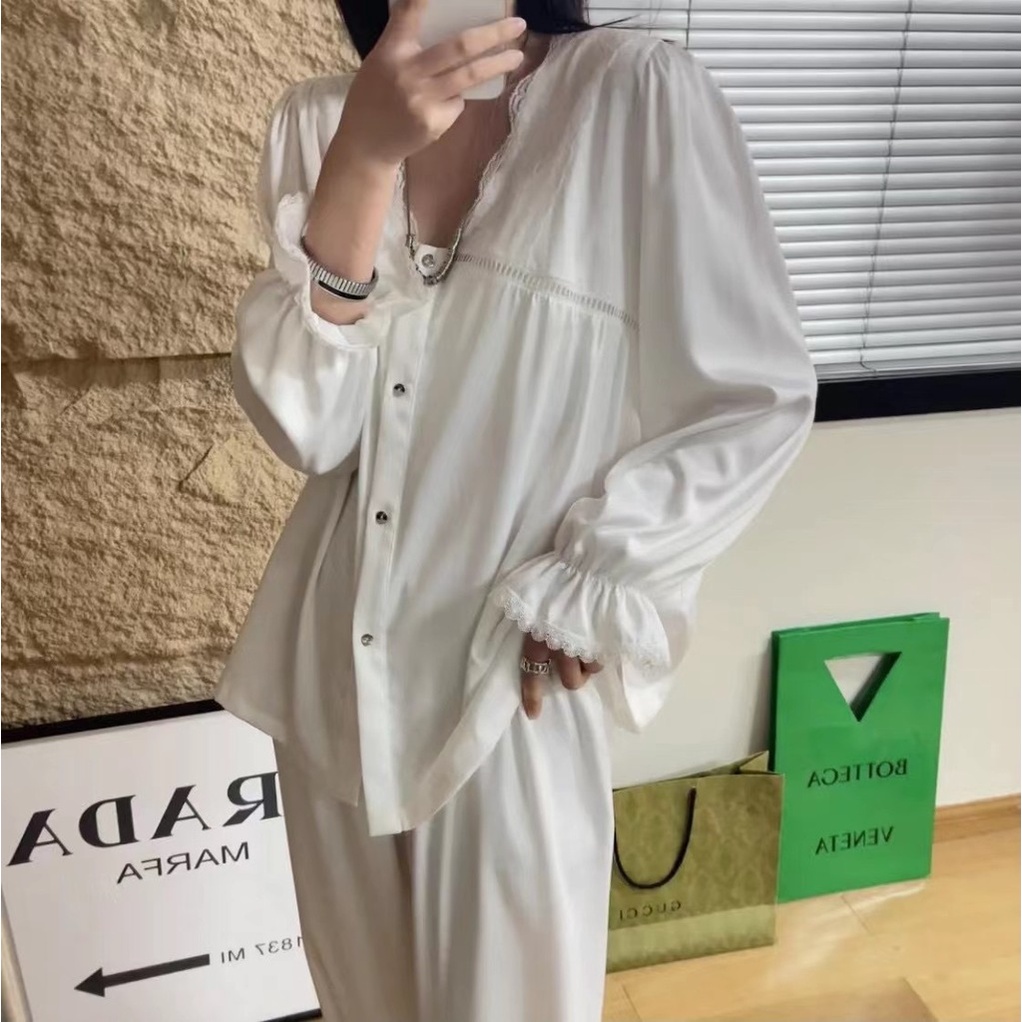 Bộ Đồ Ngủ Bằng Lụa Mát Cổ Chữ V Thoáng Khí Sang Trọng Dành Cho Nữ