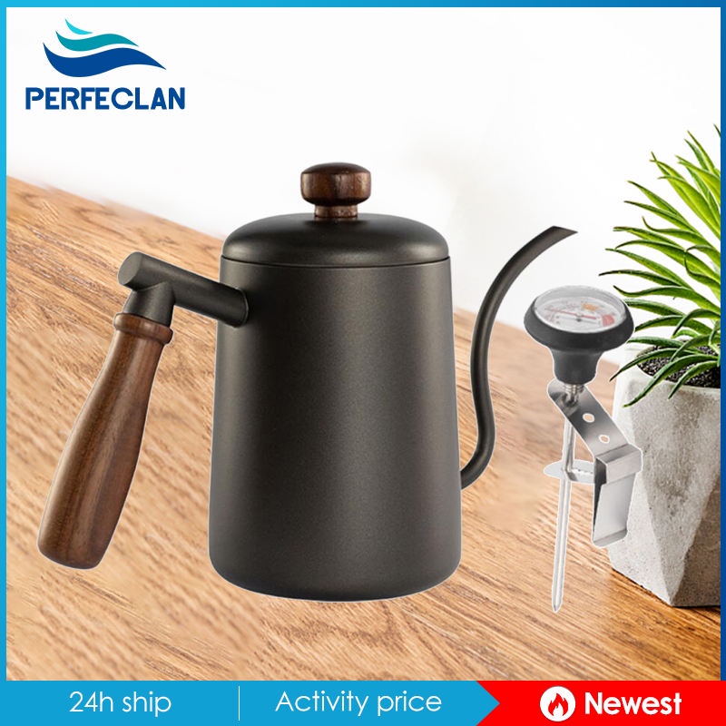 Ấm Đun Nước Bằng Thép Không Gỉ Cổ Ngỗng 600ml Với Nhiệt Kế Hẹp Dài