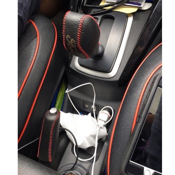 Bọc da Tay phanh&amp; cần số da thật xe Ford Focus, Fiesta, Ecosport bản AT loại da thật