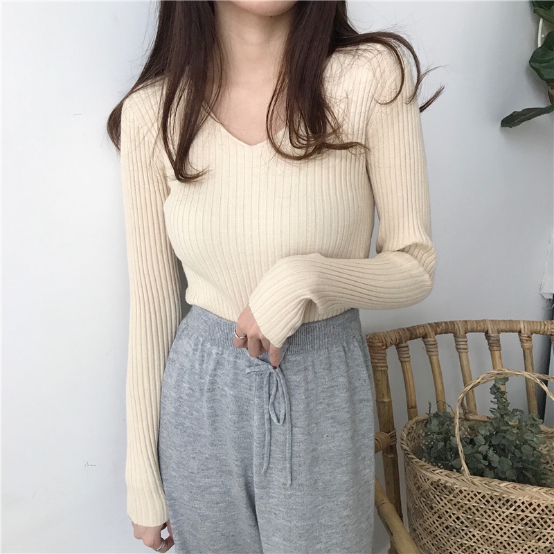 Áo len ZHELIHANGFEI tay dài cổ chữ V dáng ôm phong cách quyến rũ thời trang cao cấp cho nữ