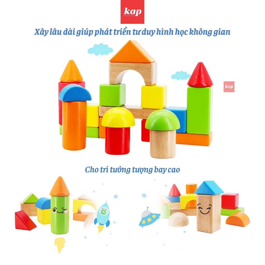 Đồ chơi xếp hình khối gỗ, bộ xếp hình khối khối gỗ thành phố thu nhỏ, City Wooden Blocks