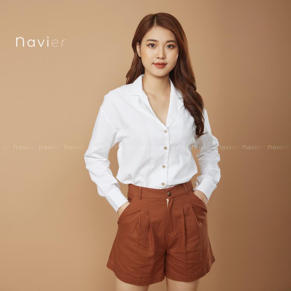 ÁO SƠ MI TRẮNG NỮ TAY DÀI PIJAMA CỔ VEST CÔNG SỞ VẢI ĐŨI - LINEN SHIRT SM03 NAVIER  ཾ ྇