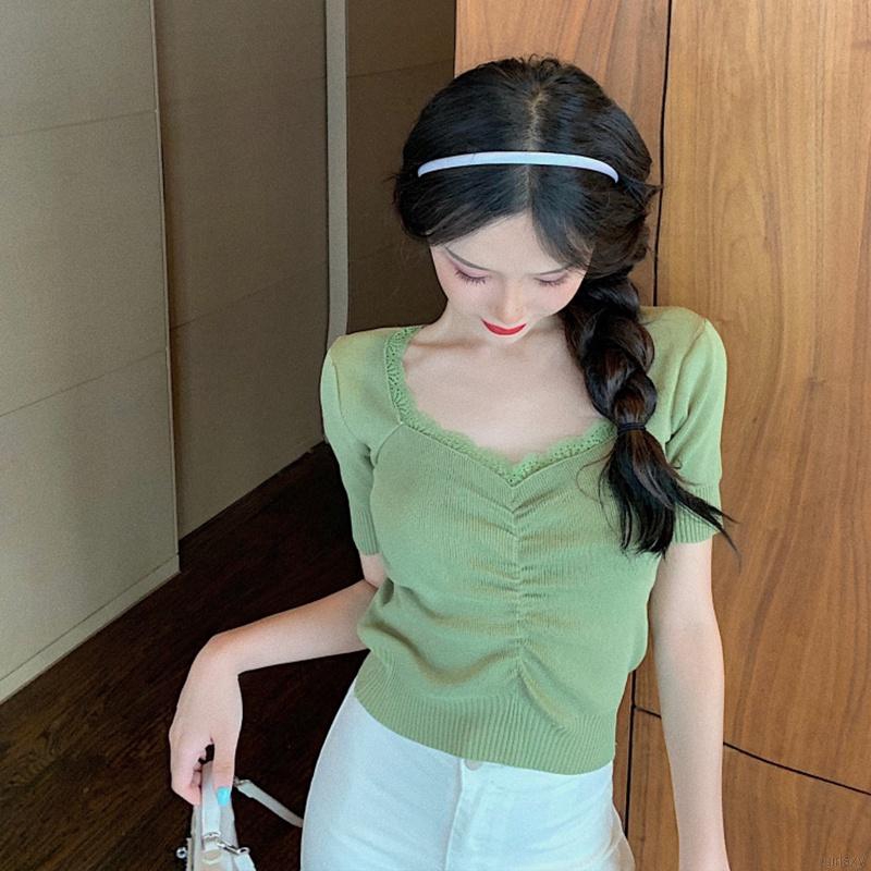 Áo Dệt Kim Màu Trơn Tay Phồng Cổ Viền Ren Phong Cách Hàn Quốc Nữ Tính | BigBuy360 - bigbuy360.vn