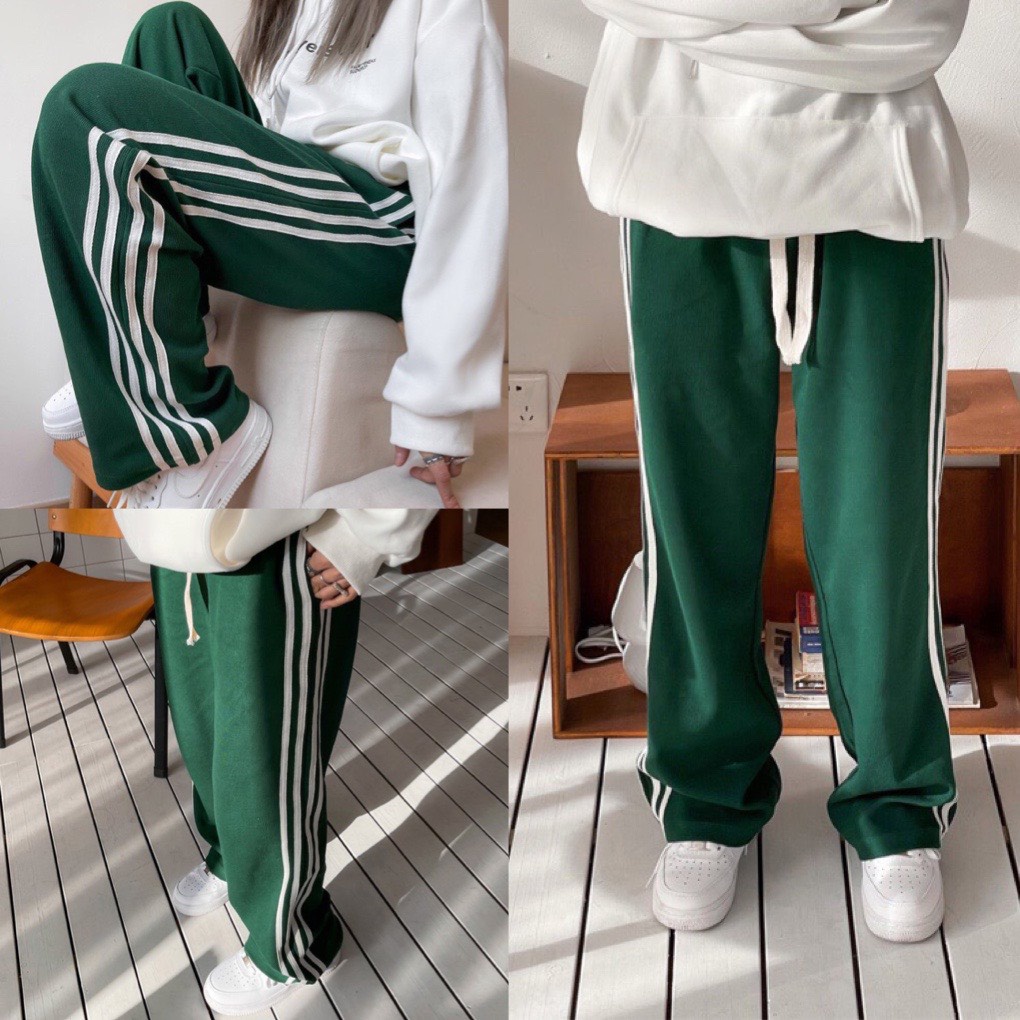 Quần PANTS 4 Sọc Màu Xanh Lá Quần Ống Suông Unisex Nam Nữ Cạp Chun Mắc Đôi