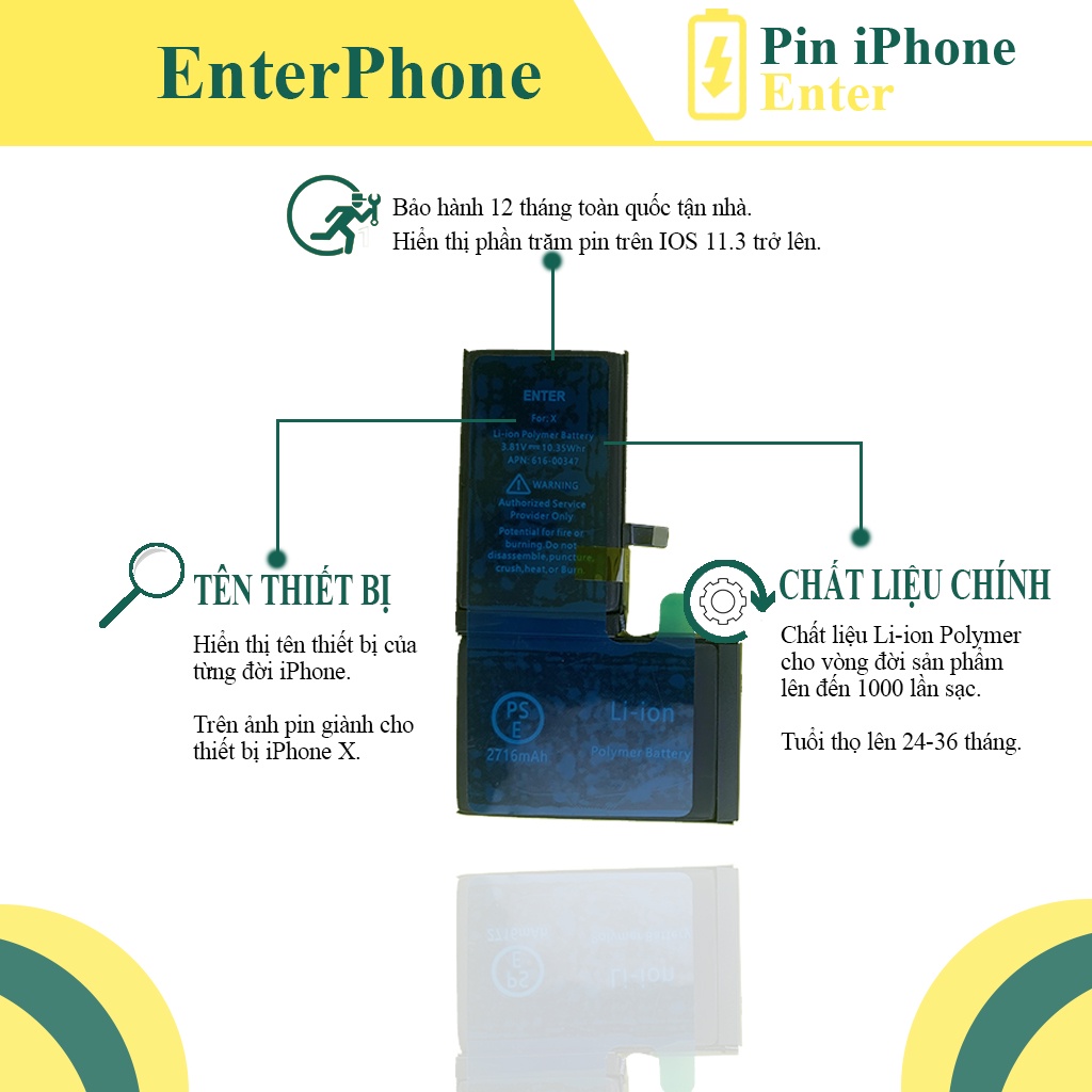 Pin ĐT X Enter bảo hành 12 tháng