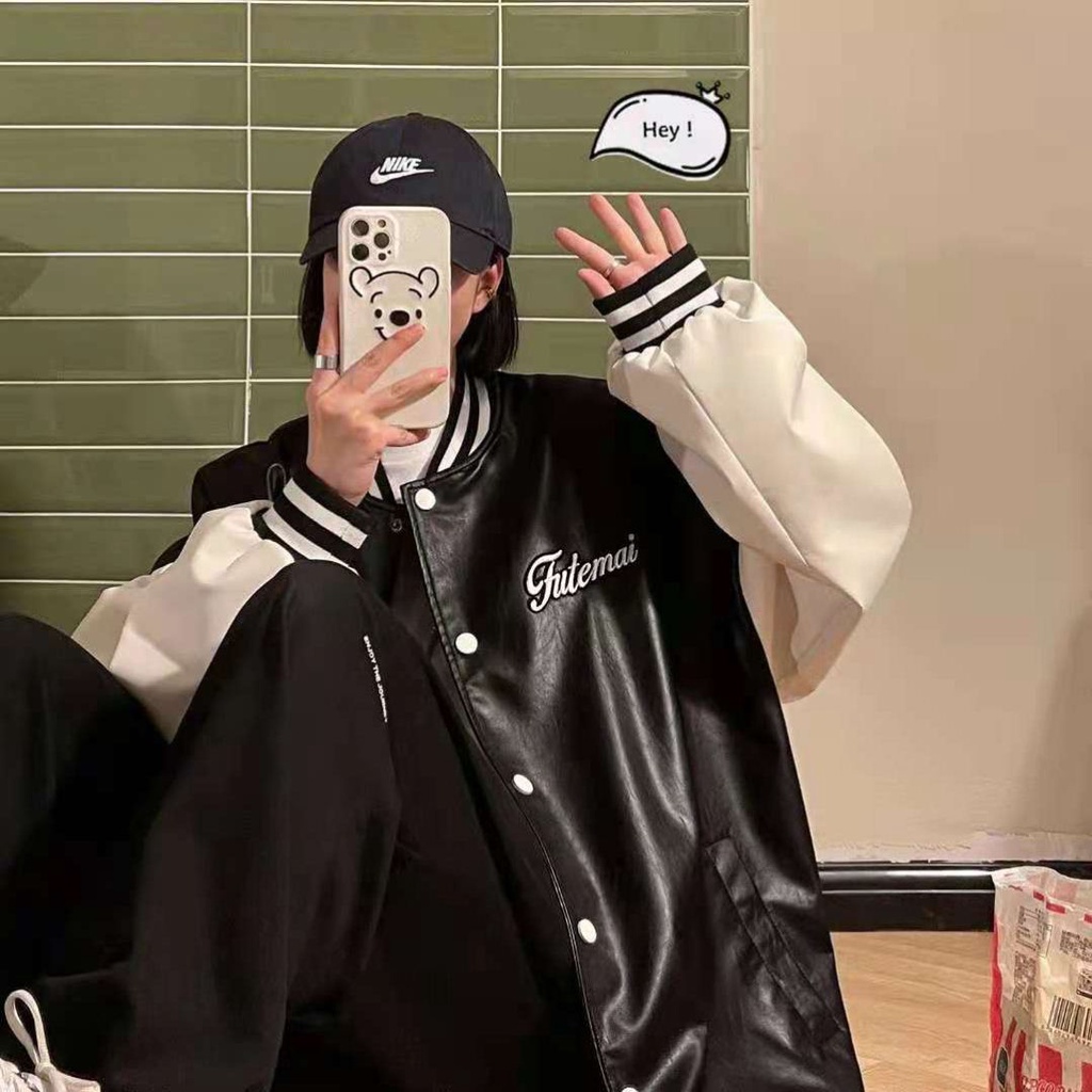 Áo khoác da bóng chày dáng rộng phong cách đường phố thời trang Hàn Quốc cho nam nữ