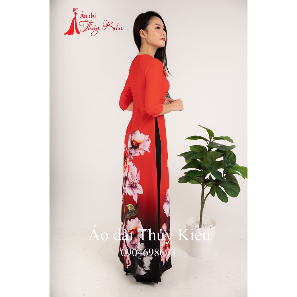 Áo dài truyền thống thiết kế may sẵn tết cách tân nữ nền đỏ hoa K55 Thúy Kiều mềm mại co giãn áo dài giá rẻ