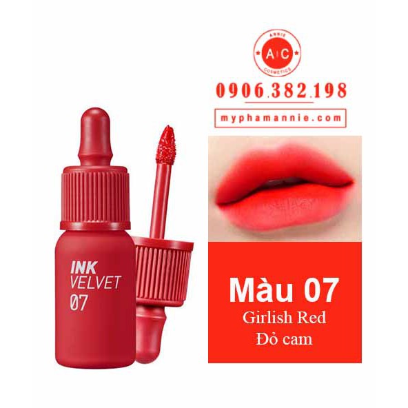 Son kem lì Peripera Ink Velvet Tint 2019 màu 07 Girlish Red – Đỏ cam