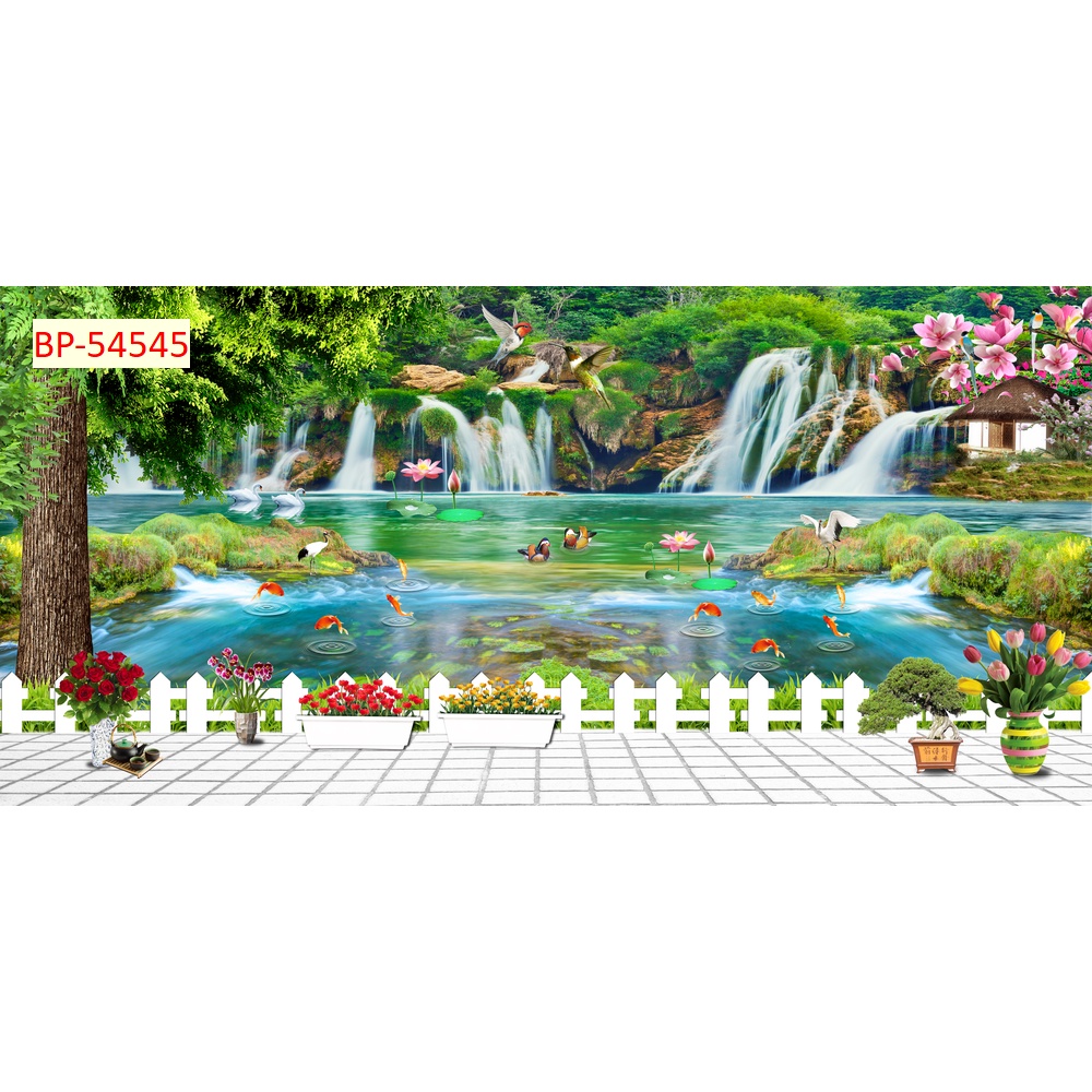 Tranh 3D phong cảnh sông suối nên thơ, cánh đồng hoa nở rộ, mặt hồ xanh biếc tĩnh lặng