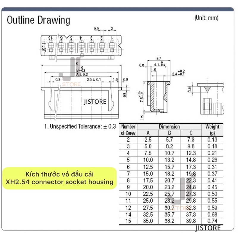 Dây bấm sẵn một đầu cái XH2.54 dài 20cm 26AWG 2/3/4/5/6/7/8/10P kèm đầu đực XH2.54 chân thẳng hàn PCB