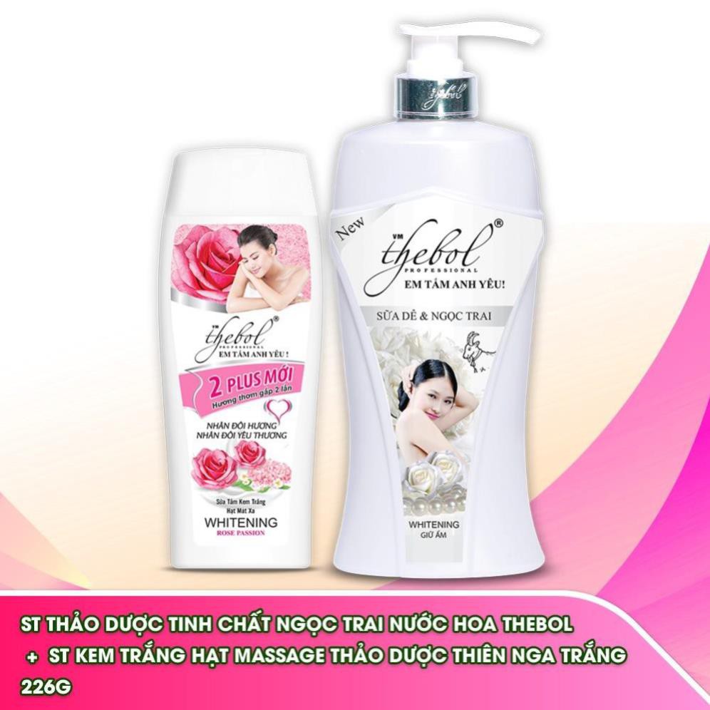 Sữa tắm tinh chất ngọc trai nước hoa Thebol 2 Plus 650g + Sữa tắm sen tuyết trắng hạt massage 226g