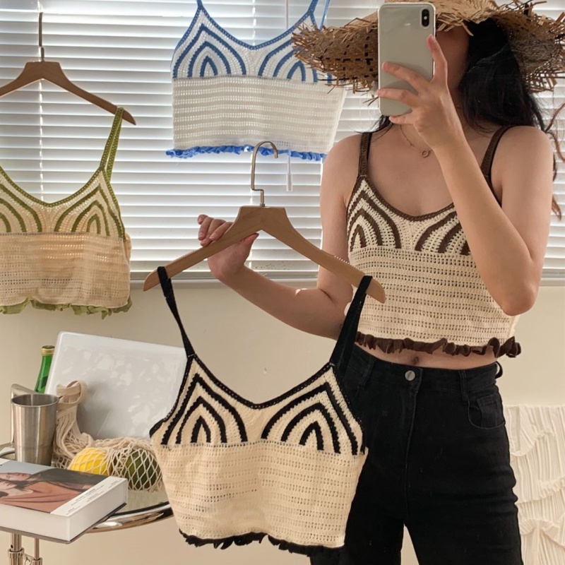 Áo Croptop Dệt Kim Hai Dây Kẻ Sọc Kiểu Vintage Đường Phố Hàn Quốc Thời Trang Mùa Hè Cho Bạn Gái