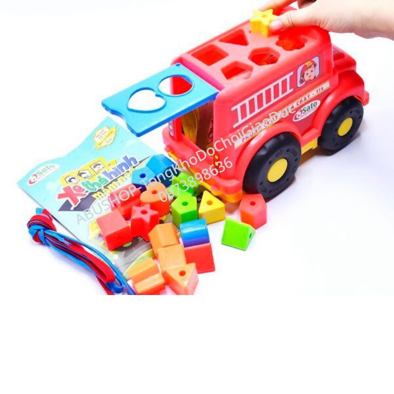 Bộ đồ chơi xe thả hình kéo dây 26X18cm Hãng Sato - Đồ chơi trẻ em kích thích vận động và học hình khối