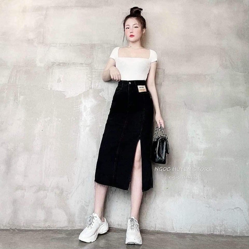 Chân váy bò xẻ mác túi dáng dài