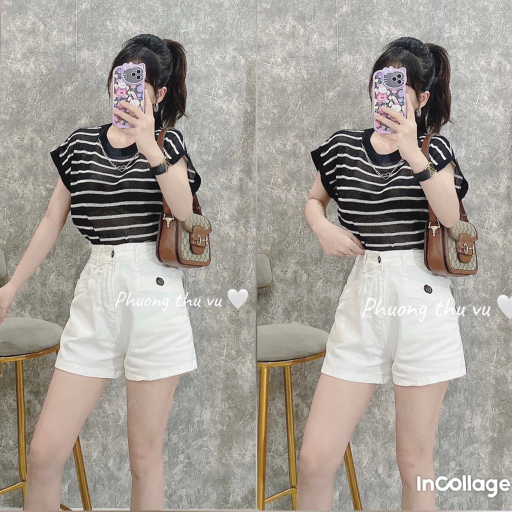 Áo len 3 lỗ tanktop hoạ tiết kẻ kèm xích sang chảnh nữ tính (Ảnh thật kèm clip)