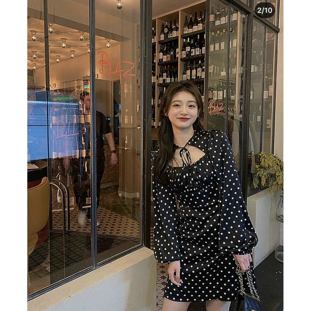 Đầm Nữ Sexy Cổ Hở Dài Tay, Vải Voan Họa Tiết Chấm Bi Đen, Thiết Kế Hàn Quốc SANMAY - VD017 | BigBuy360 - bigbuy360.vn