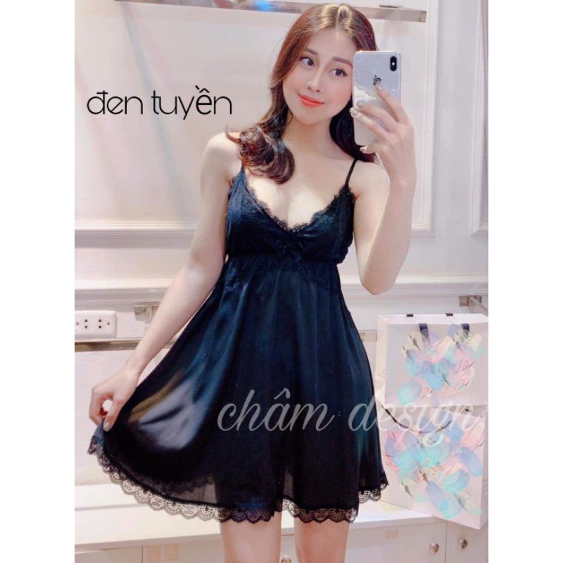 váy ngủ lụa đen phần ngực ren mi đen gắn nơ xinh❤️