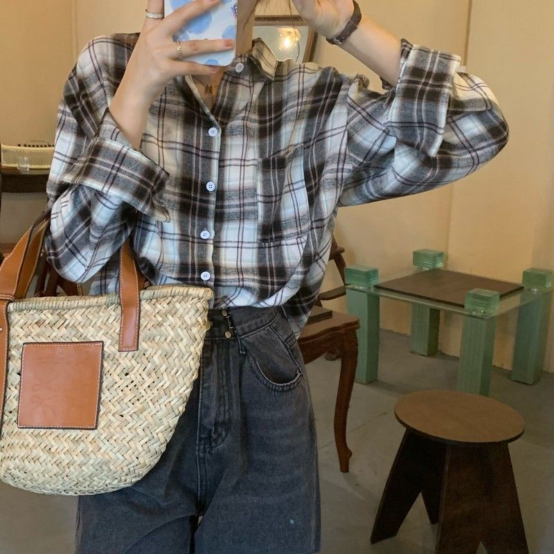 COZOK Áo Sơ Mi Dáng Rộng Kẻ Sọc Kiểu retro Hàn Quốc Dễ Phối Đồ