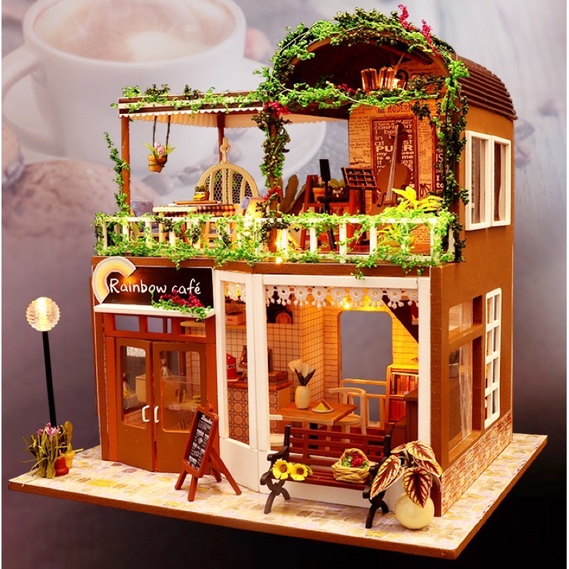 (Tặng mica,keo sữa,đèn)Nhà búp bê bé tự lắp ráp đô chơi Mô hình gỗ diy doll house tiệm cafe M906