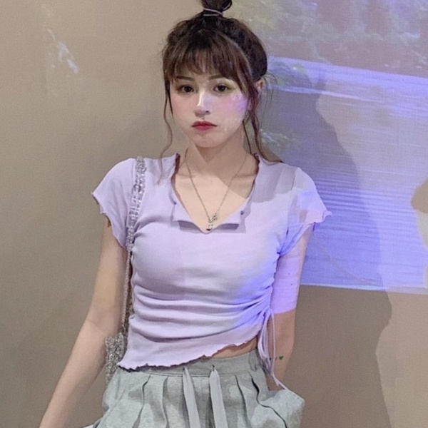 Áo Croptop Tay Ngắn Cổ Chữ V Thiết Kế Dây Rút Phong Cách Mới Thời Trang Mùa Hè Cho Nữ