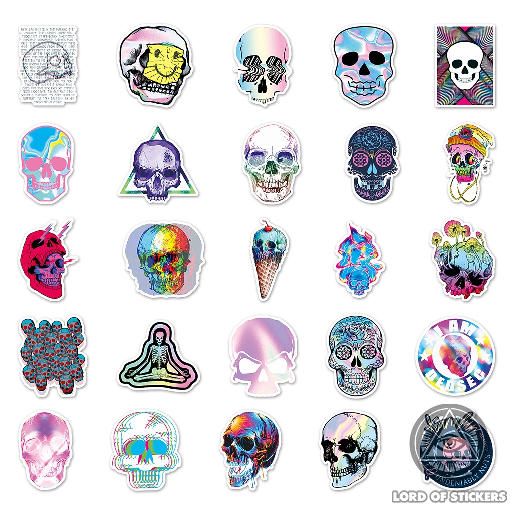 Set 50 Hình Dán Đầu Lâu Holographic Graffiti Sticker Cute Nhiều Màu Sắc Chống Thấm Nước Dán Mũ Bảo Hiểm, Laptop, Vali