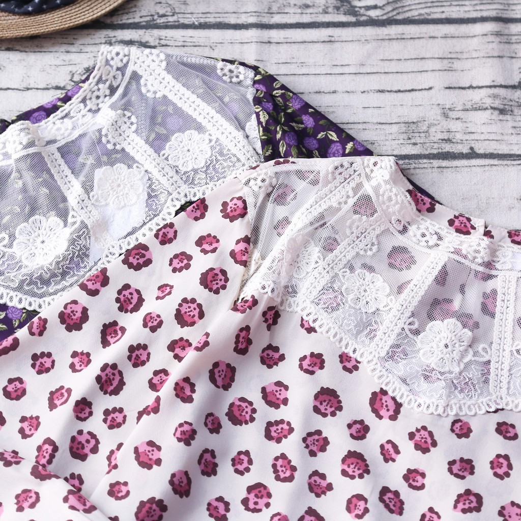 ÁO HỌA TIẾT CỔ PHỐI REN TAY BỒNG