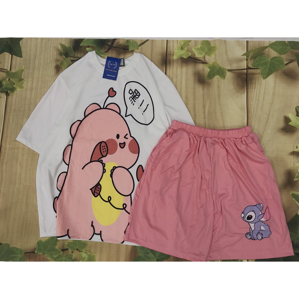 Set Bộ Cartoon In hình 3D &quot;KHỦNG LONG HỒNG&quot; cực xinh Lapi VN -chất liệu vải thun cotton co dãn 4 chiều