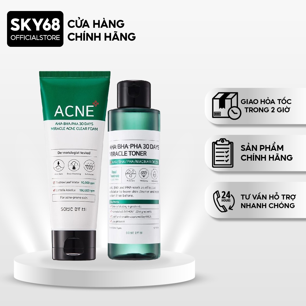 Combo Giảm Mụn, Loại Bỏ  Dầu Thừa Trên Da Some By Mi AHA-BHA-PHA 30 Days Miracle ( sữa rửa mặt 100ml + Toner 150ml )
