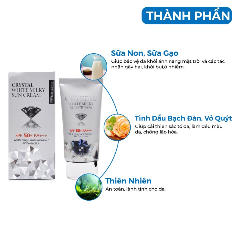 Combo 2 tuýp kem chống nắng trắng da cao cấp dành cho mặt và toàn thân Crystal white milky sun cream 3W CLINIC Hàn 50ml.