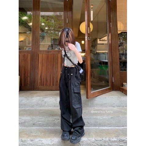 Quần Dài Lưng Cao Ống Rộng Màu Đen Phong Cách Retro Mỹ