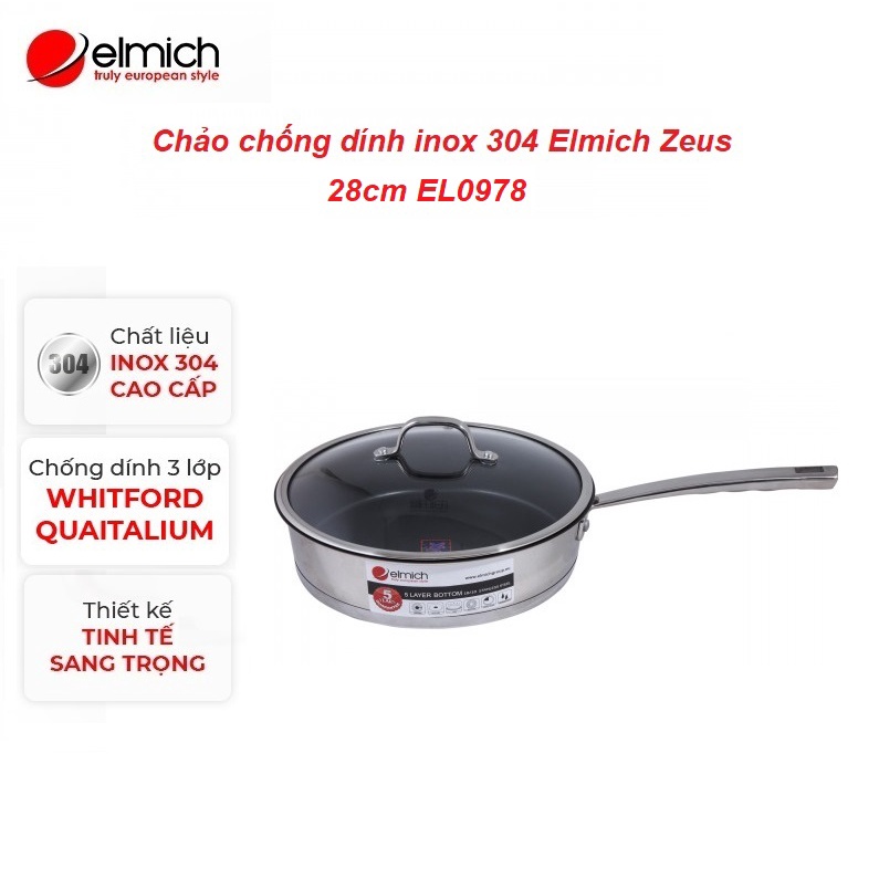 Chảo chống dính 5 đáy inox 304 cao cấp có vung kính Elmich Zeus 28cm EL0978