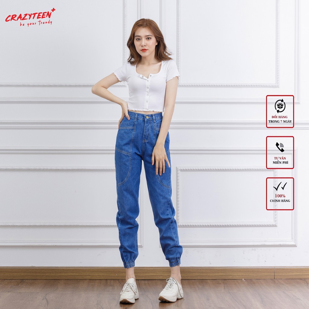 Áo croptop nữ kiểu dáng ôm CRAZYTEEN thun ngắn tay nút bấm AT0116