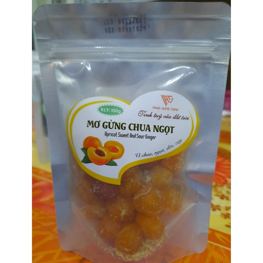 Mơ gừng chua ngọt Phúc hưng thịnh gói 100g date 12 tháng.