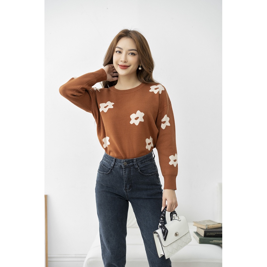 Áo len nữ FIONA bo gấu áo len cổ tròn dệt họa tiết bông hoa trẻ trung phù hợp đi làm đi chơi F852728