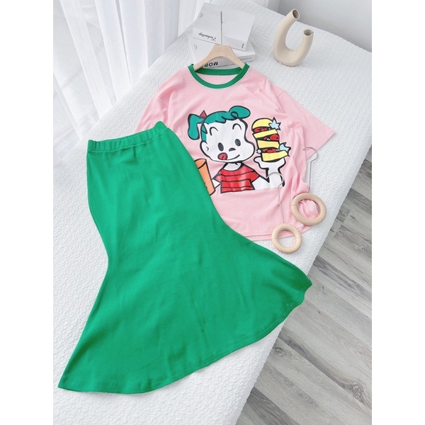SET ÁO HỒNG KITTY + CHÂN VÁY ĐUÔI CÁ XANH LÁ