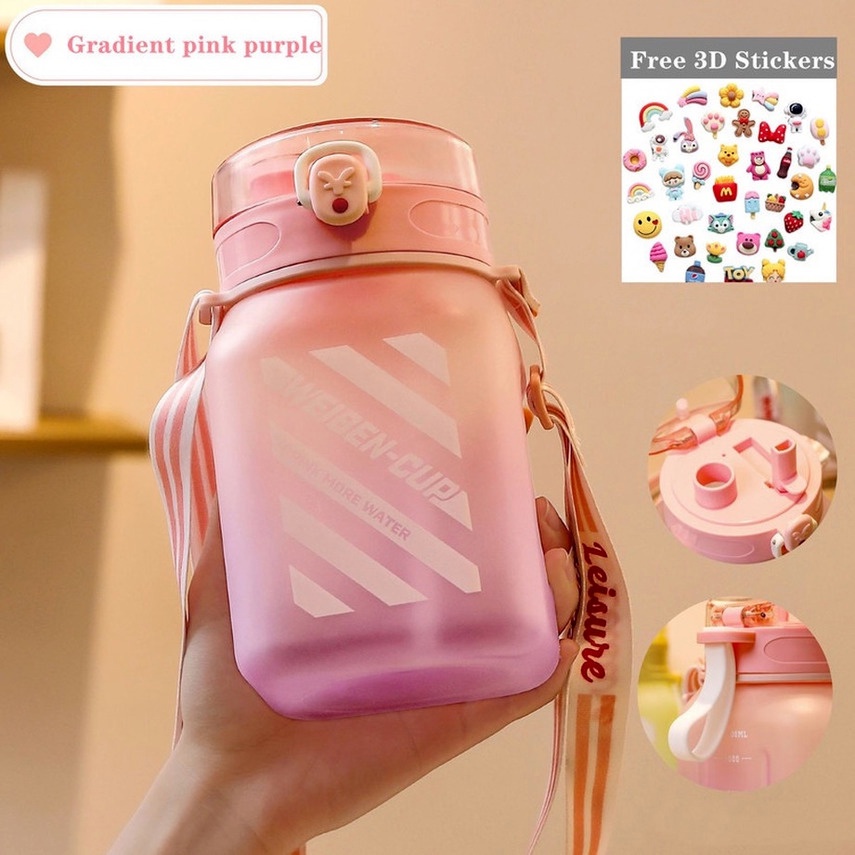 Bình Nước 1200Ml Hình Vuông Màu Gradient Kèm Ống Hút Và Dây Đeo Cho Thể Thao Ngoài Trời