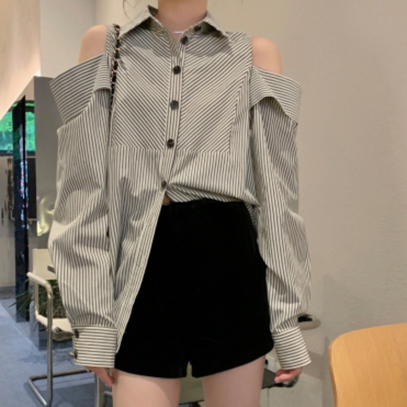 Áo sơ mi RENJIANVSHENG 198524 khoét vai tay dài dáng rộng kẻ sọc phong cách Hàn Quốc thời trang mùa hè