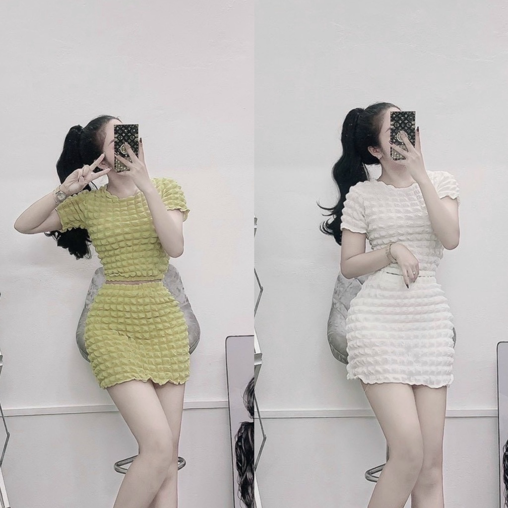 Set thun xốp nữ họa tiết ô vuông áo ctoptop phối chân váy ôm body cực xinh cho nữ dưới 50 kg