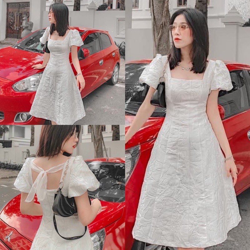 Đầm tay bồng gấm nơ lưng 2 màu | BigBuy360 - bigbuy360.vn