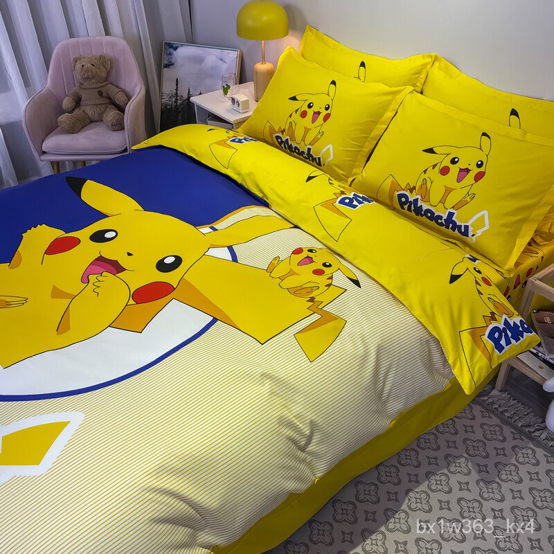 Bộ Chăn Ga Và Vỏ Gối 3 Trong 1 In Hình Pikachu Đáng Yêu