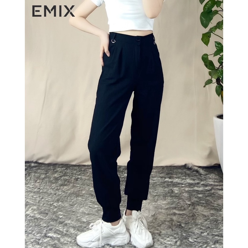 Quần jogger nữ bo gấu EMIX (màu đen), thể thao, dáng dài 90cm, chất đũi mềm mát, ít nhăn, không bai màu 911