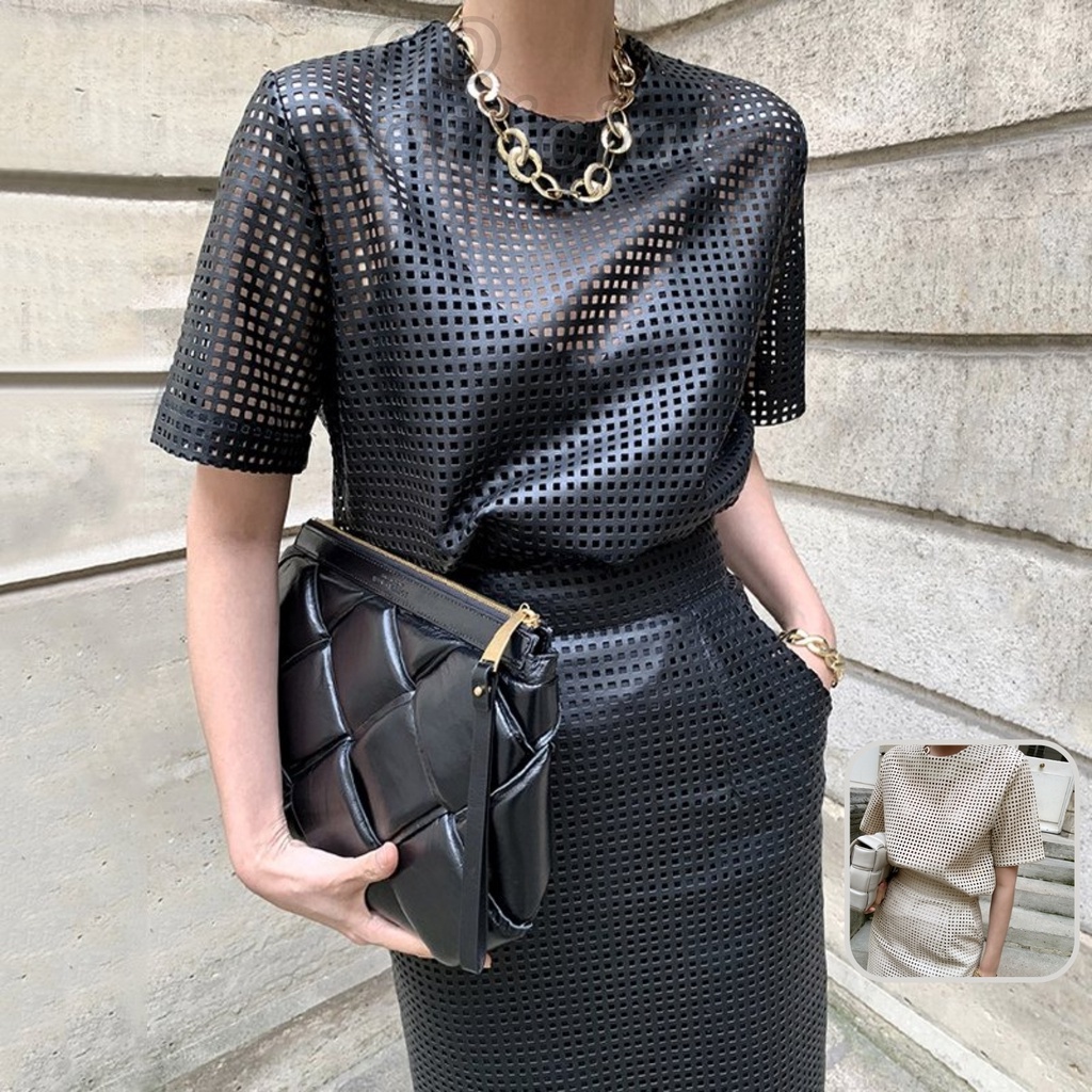 B3|Set bộ nữ cổ tròn lưới rỗng áo sơ mi tay ngắn chất da, váy cạp lưng cao bút chì sang trọng màu đen, be GD Official